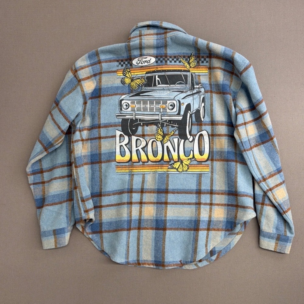 Ford Bronco Mens Blue Plaid Flannel Graphic Shirt Butterflies NWT Small